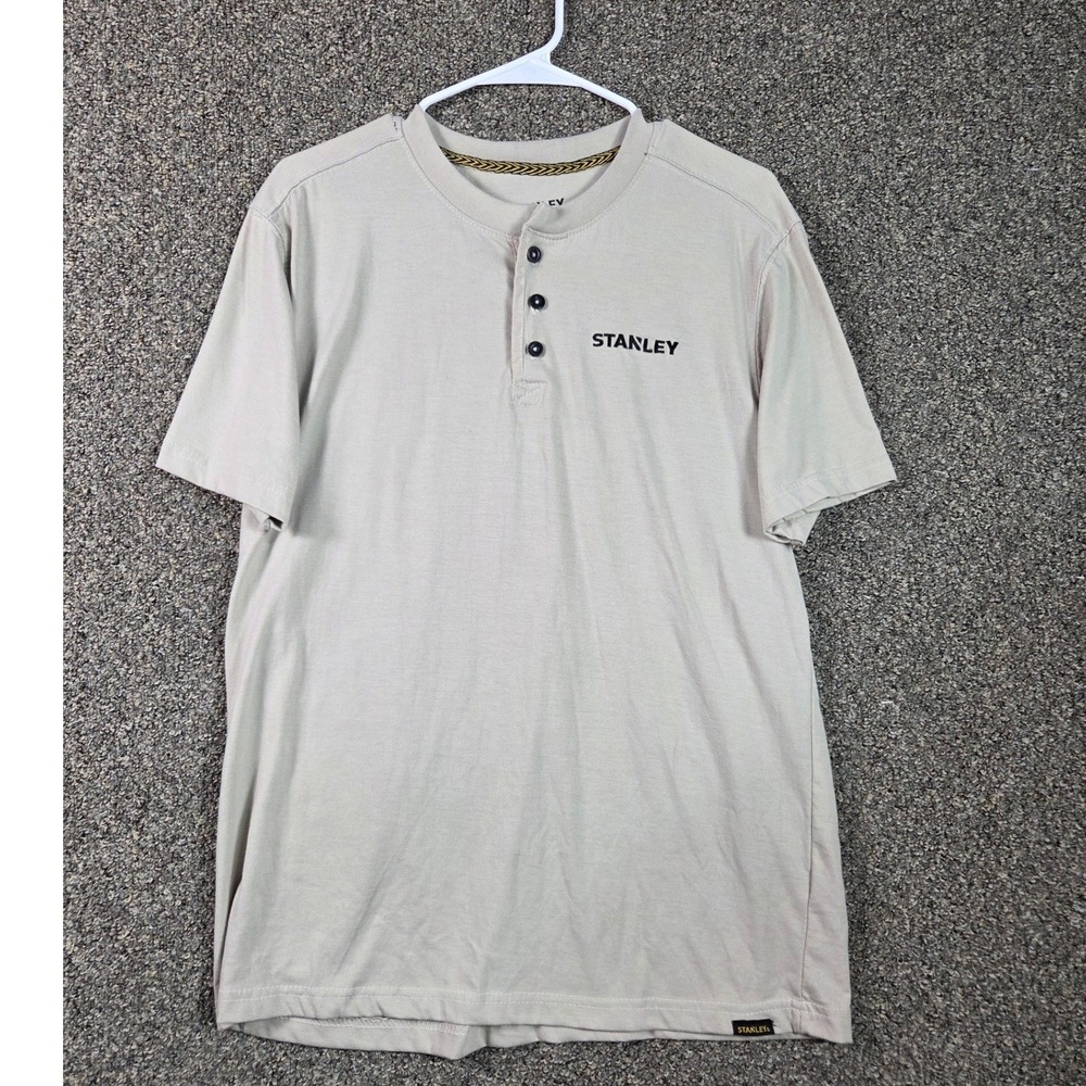 Stanley Henley Shirt‎ Mens Large Tan Short Sleeve Embroidered Logo Workwear